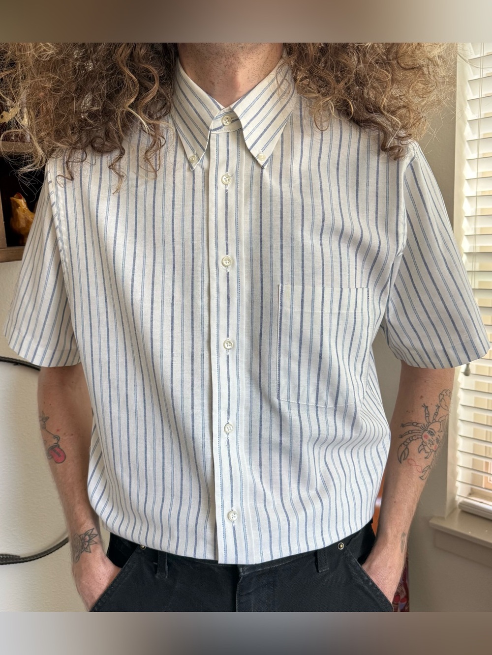 Vintage 80s 90s Striped S/S Button Down Shirt ~ Size Medium